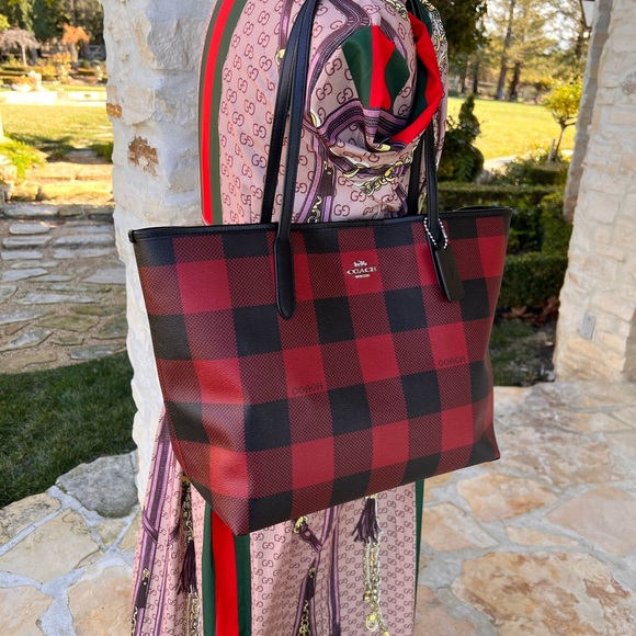 Coach buffalo Plaid Check Reversible Tote Handbag&wallet Red Black - Picture 8 of 13